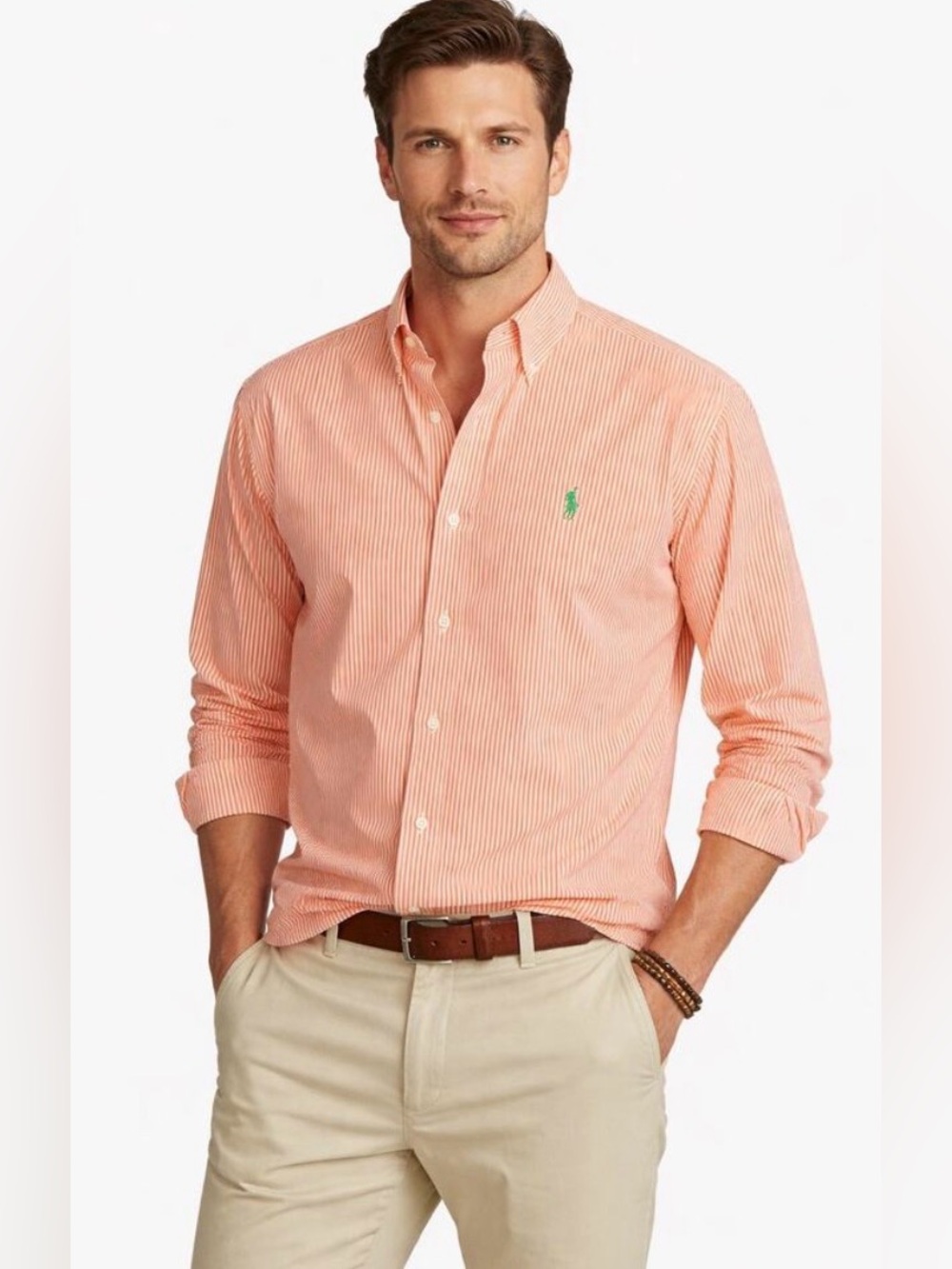 Ralph Lauren Orange and White Striped Button-Down Classic Fit Shirt Medium